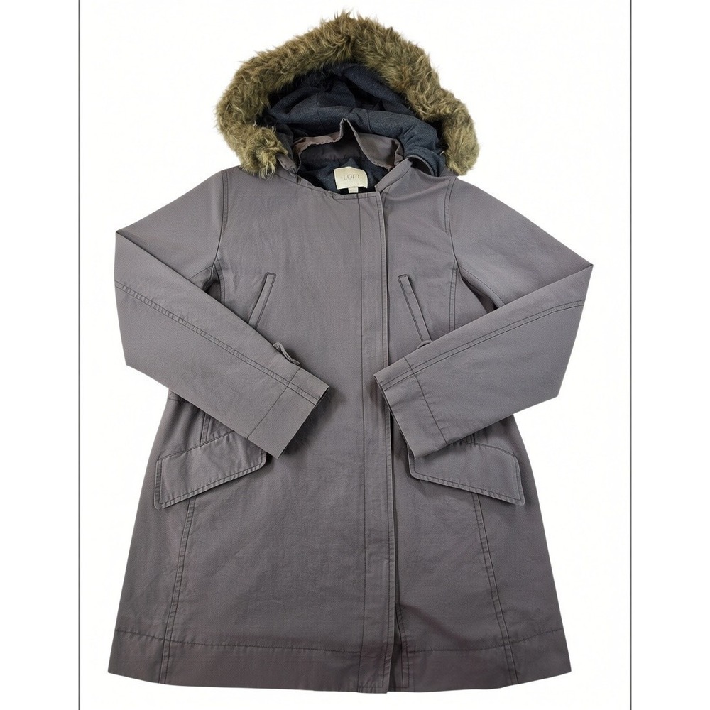Ann Taylor LOFT Small Gray Faux Fur Trim Hooded Parka Utility Coat Jacket